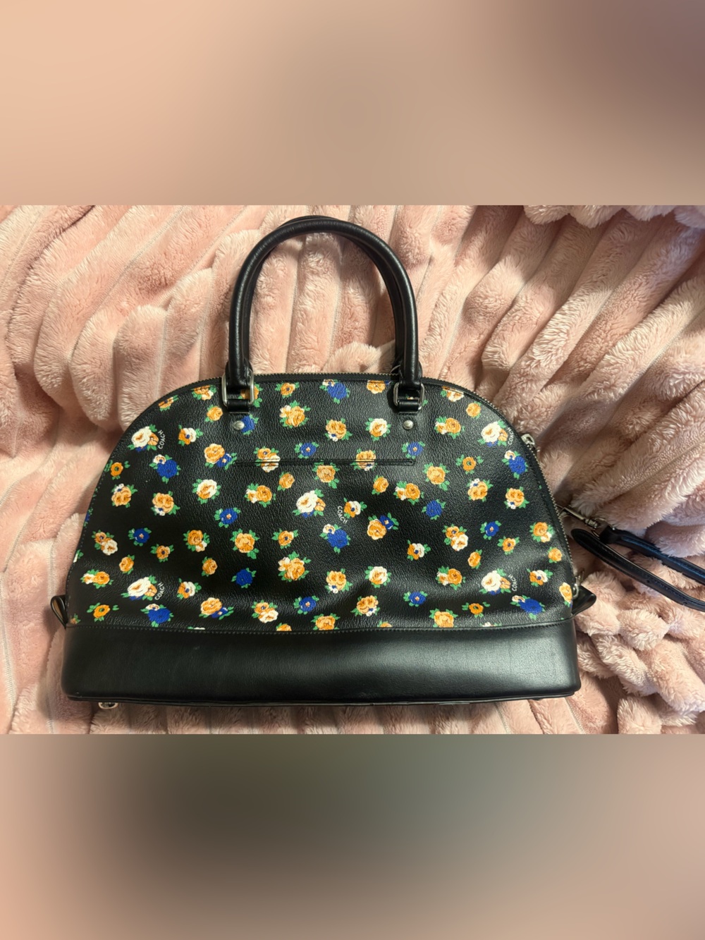 Coach Black Floral Dome Satchel with Yellow and Blue Flowers
